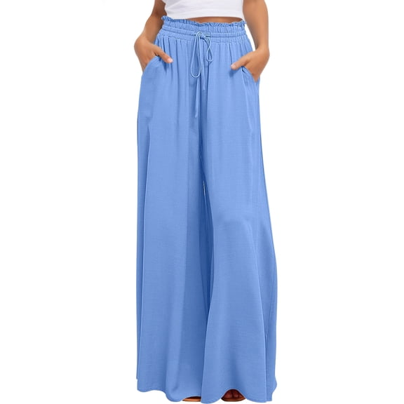 FEOYA Women's Wide Leg Flowy Pants High Waist Flared Trousers Palazzo Trousers with Pockets Loose Drawstring Pants Elastic Waist Casual Spring Summer S