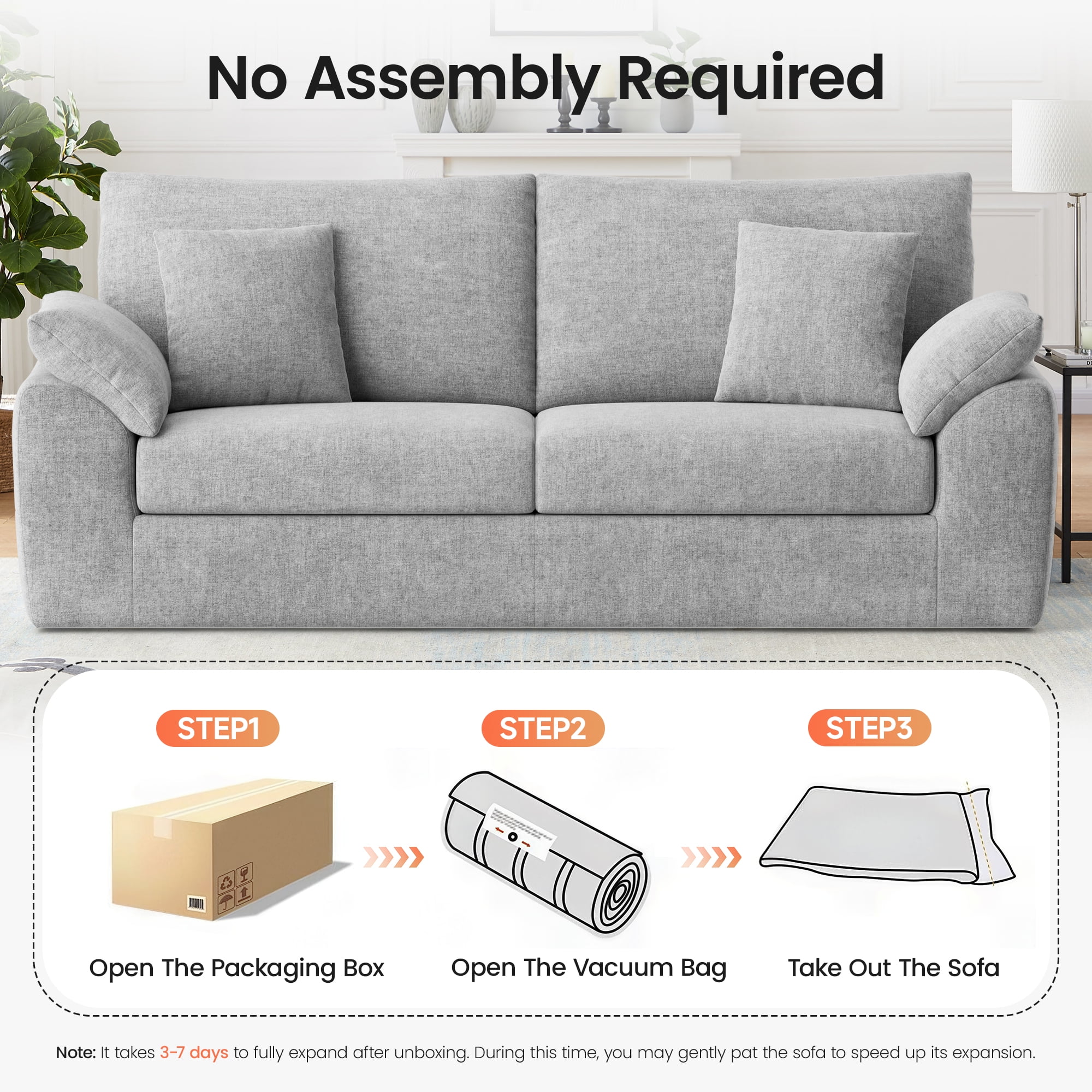 EOP 89.8" Wide Cloud Compression Sofa, Full Sponge Loveseat with Deep Seat, Upholstered Couch with 4 Pillows, No Assembly Required for Small Living Spaces, Light Gray