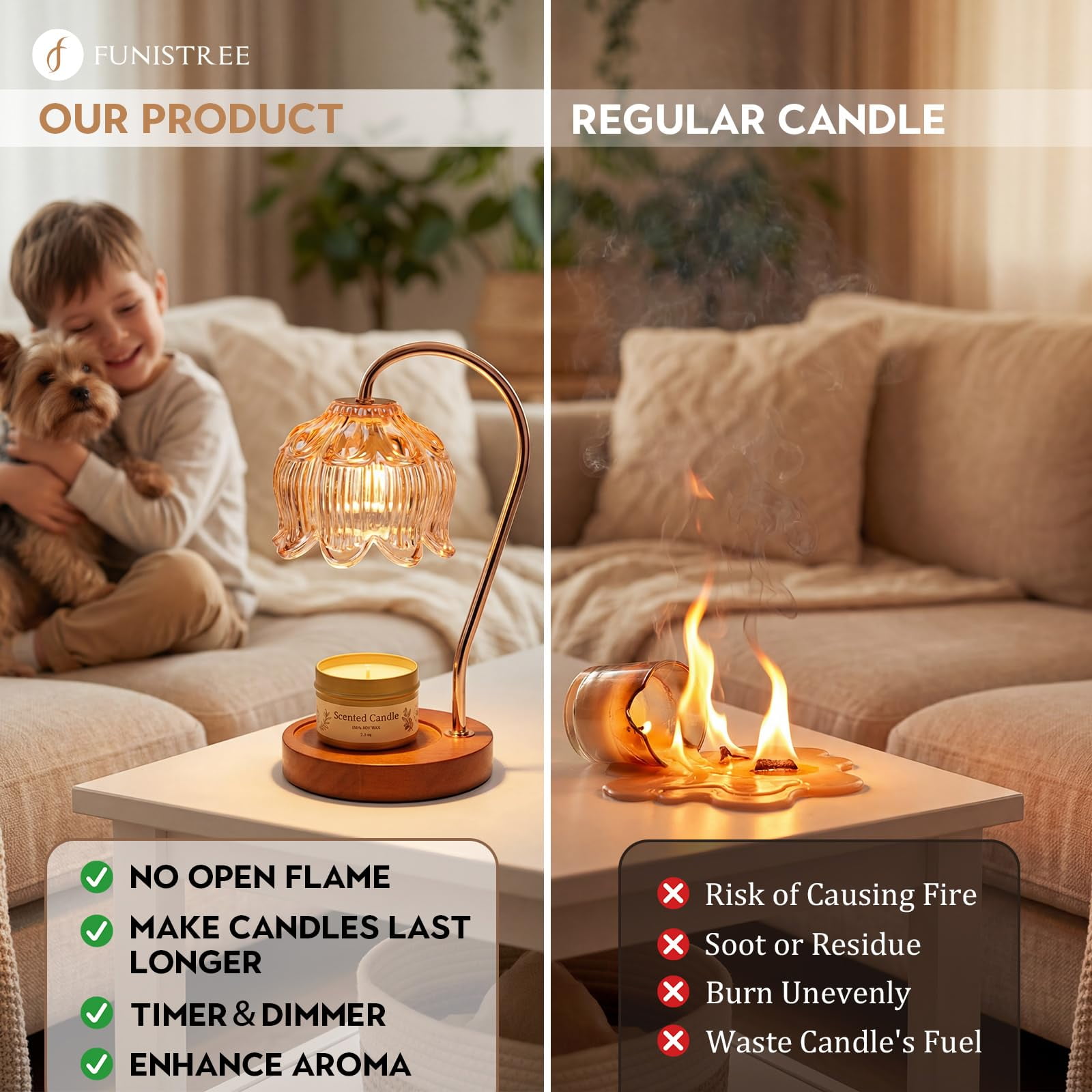 Funistree Candle Warmer Lamp Gift Set with 3 Jar Candles & Gift Box, Gifts for Mothers Day Women Mom Wife, Mom Sister Friend Gift, Lavender, Vanilla, Ebony, 2 Bulbs