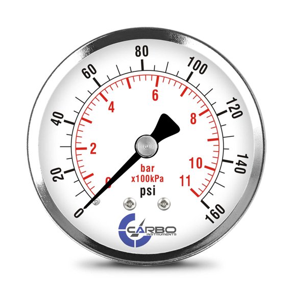 CARBO Instruments 2- 1/2" Pressure Gauge, Chrome Plated Steel Case, Dry, 0-160 psi/kPa, Back Mount 1/4" NPT