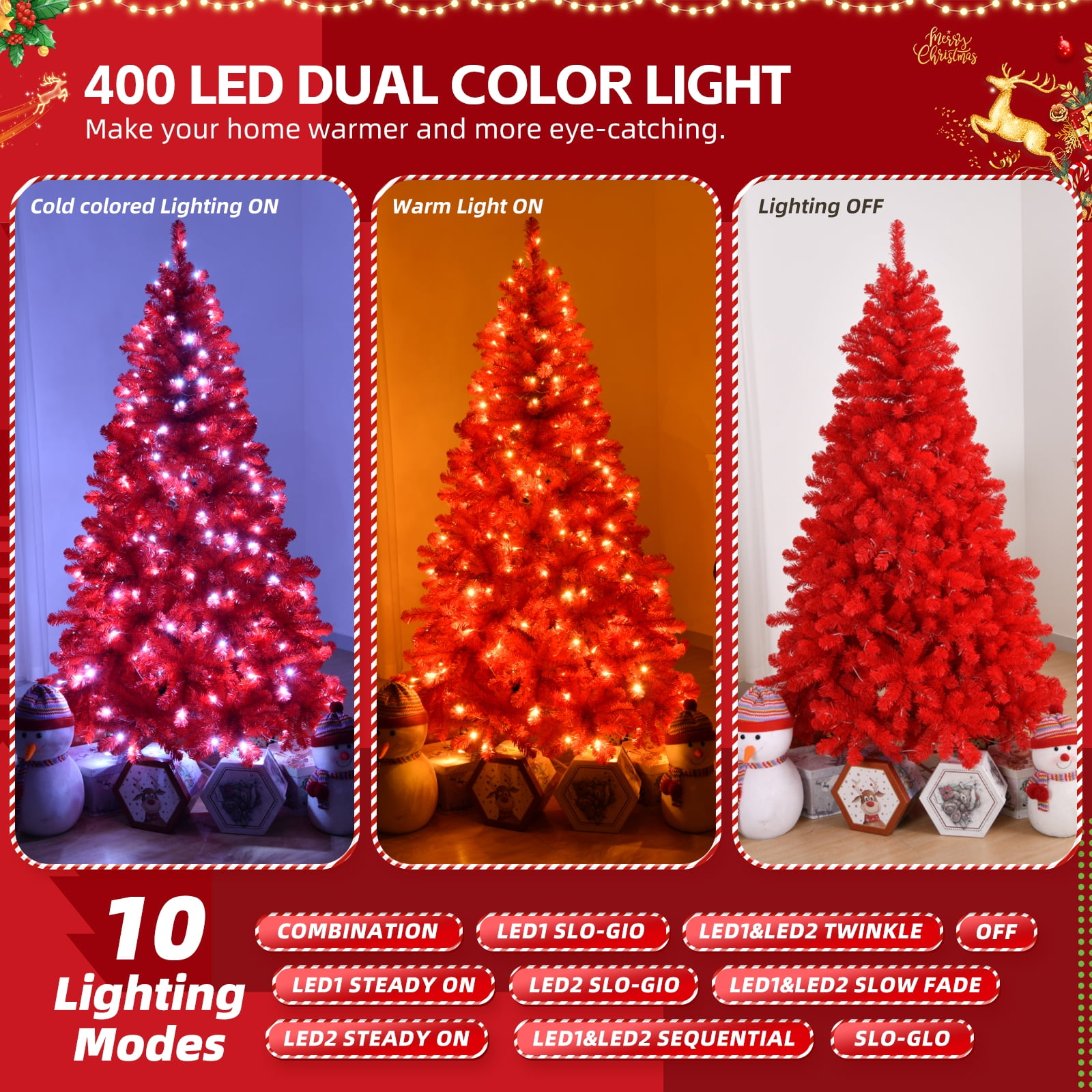 7 FT Pre-lit Artificial Christmas Tree, Hinged Xmas Pine Tree with 1100 Branch Tips, 400 Lights and Remote Control, 10 Modes and Stepless Dimming for Holiday Party Office Home, Red