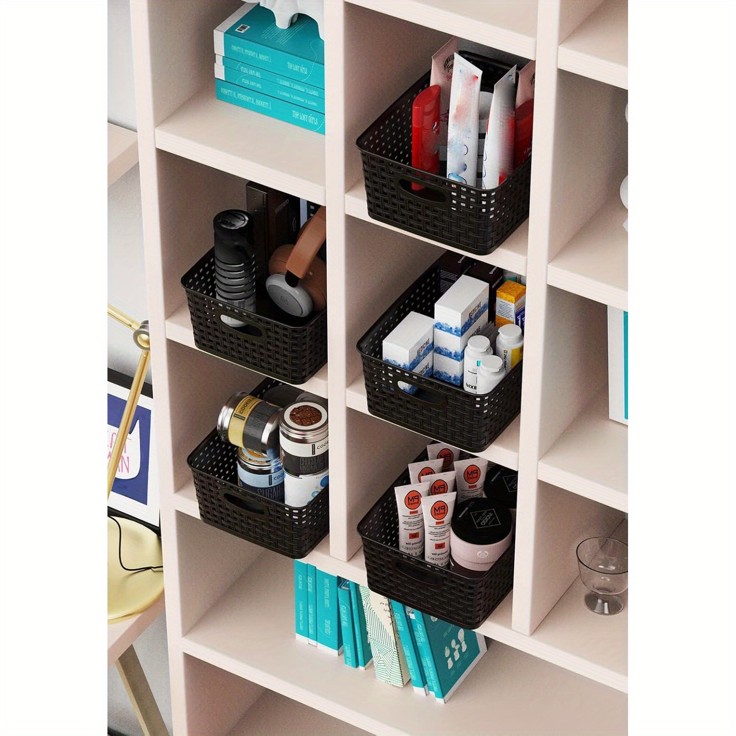 6pcs High-Quality Woven Plastic Storage Baskets – Black Weave Bins Organizer – Home, Office, Desktop, Wardrobe, Bathroom – Shelf Basket, 10.1" x 7.55" x 4.1"