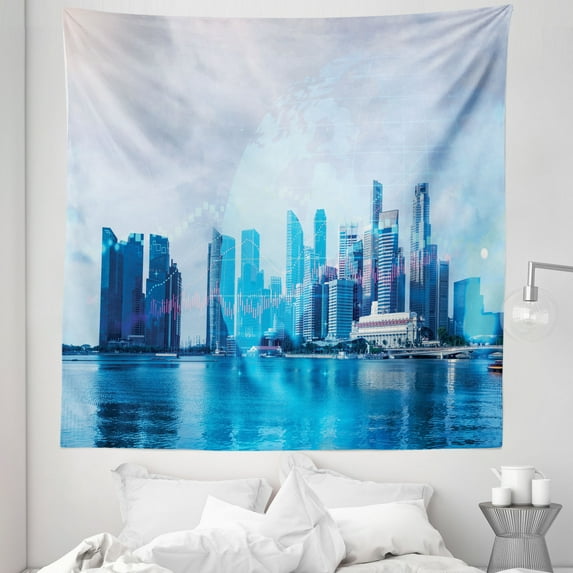 City Tapestry, Business Forex Stock Market Fintech Finance Themed Scene Singapore View, Fabric Wall Hanging Decor for Bedroom Living Room Dorm, 5 Sizes, Blue Grey and Fuchsia, by Ambesonne