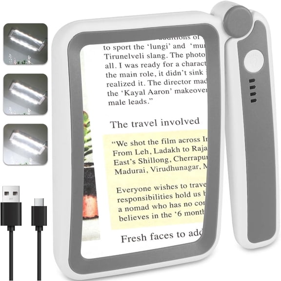 Rechargeable Folding Large Page Magnifying Glass, 12 Dimmable LEDs for Seniors Fine Print Reading, Low Vision