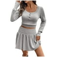 thumbnail image 3 of Roncen Women's Solid Knit Set - Casual Cropped Long Sleeve Round Neck Top with Mini Skirt, Comfortable Loungewear for Daily Wear, 3 of 8