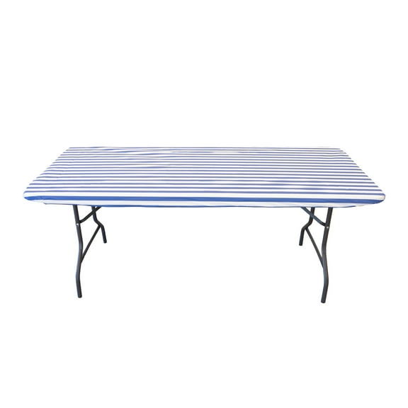 Waverly Inspirations Elastic Fitted Vinyl Table Cover With Flannel Backing, 6Ft Table, 72" x 30", White/Blue Stripe, 2 PK