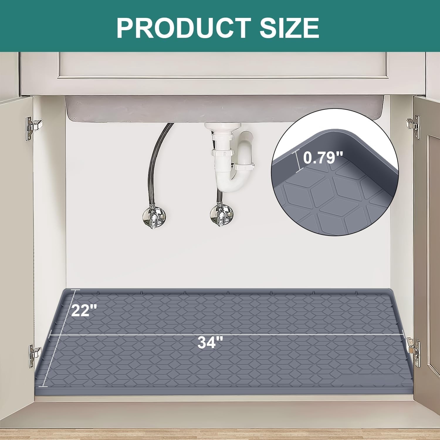 Under Sink Mat, 34" x 22" Waterproof Silicone Under Sink Tray for Kitchen & Laundry Cabinets, Kitchen Cabinet Shelf Protector, Up to 3.3 Gallons Liquid, Fits 36 inch Standard Cabinet (Grey)
