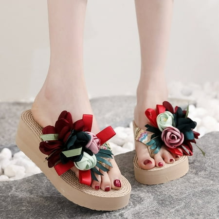 

Tangnade Women shoes Women Weave Beach Breathable Sandals Home Slipper Flower Flip-Flops Wedges Shoes Wine 37