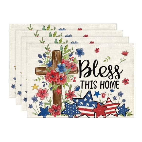 Sm:)e Stars Cross Flowers 4th of July Placemats Set of 4 12x18 Inches, Durable and Easy Cleaning Perfect for Independence Day Celebration and Family Gathering