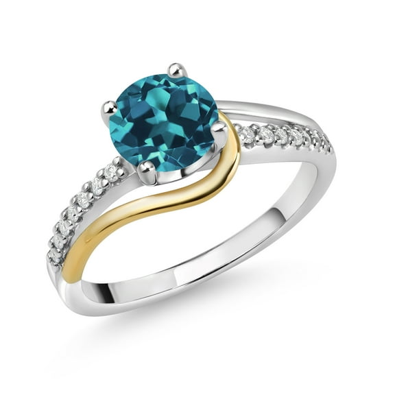 Gem Stone King 925 Sterling Silver and 10K Yellow Gold Round London Blue Topaz and White Moissanite Engagement Ring for Women (1.81 Cttw, Round 7MM, Size 5)