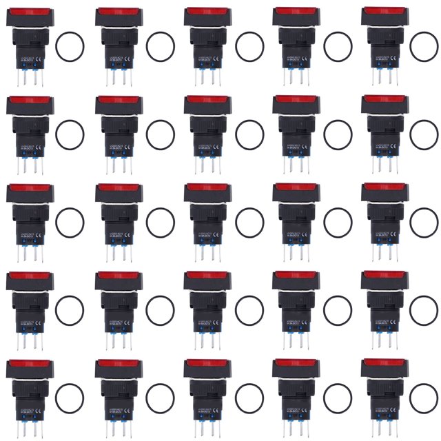 25Pcs Micro Squares Push Button Switch ABS Brass Self Locking Switches with Light 16mm 12V Red