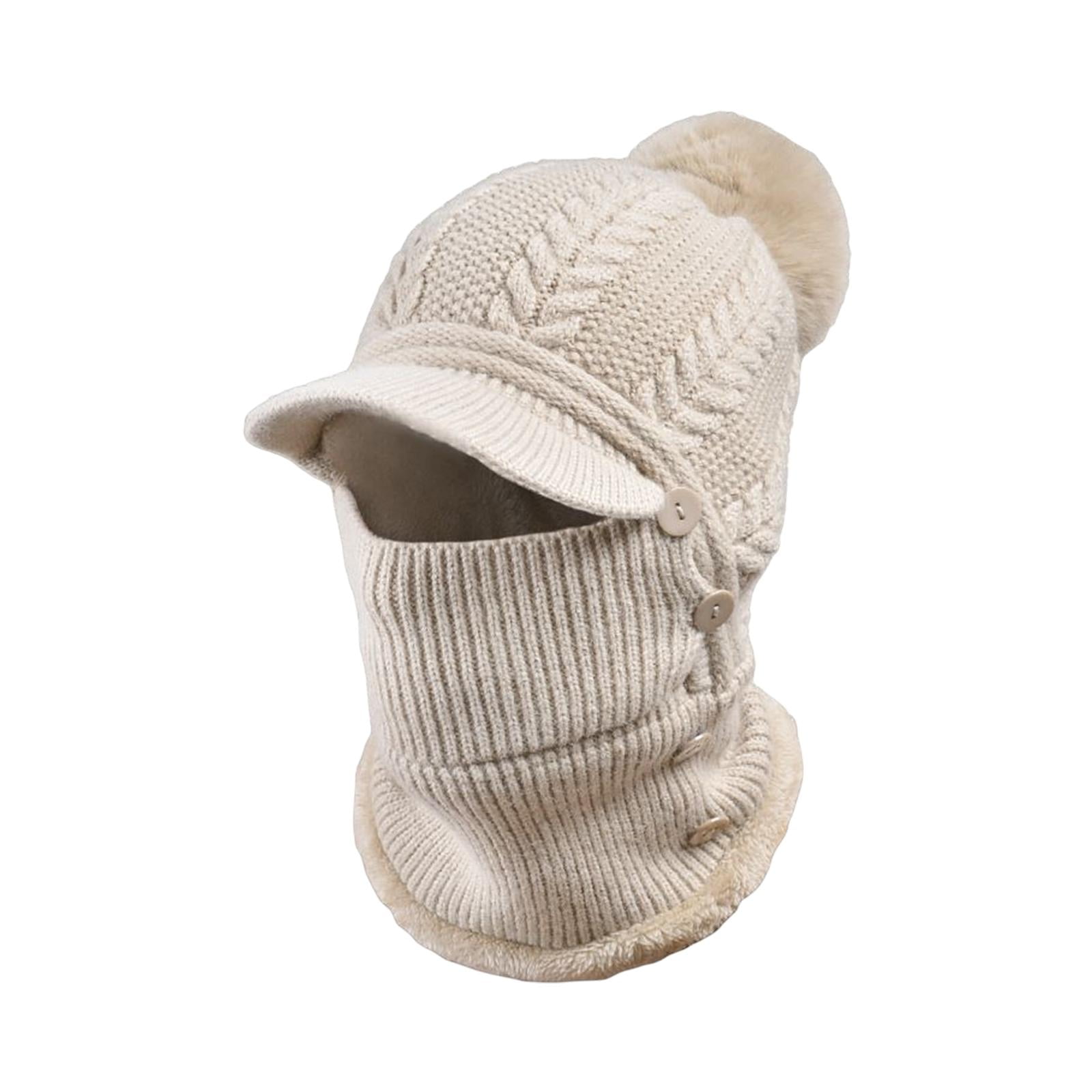 DimyFew Elastic Knitted Beanie Hat Neck Gaiter Breathable Button Warmer Winter Ski Mask Khaki