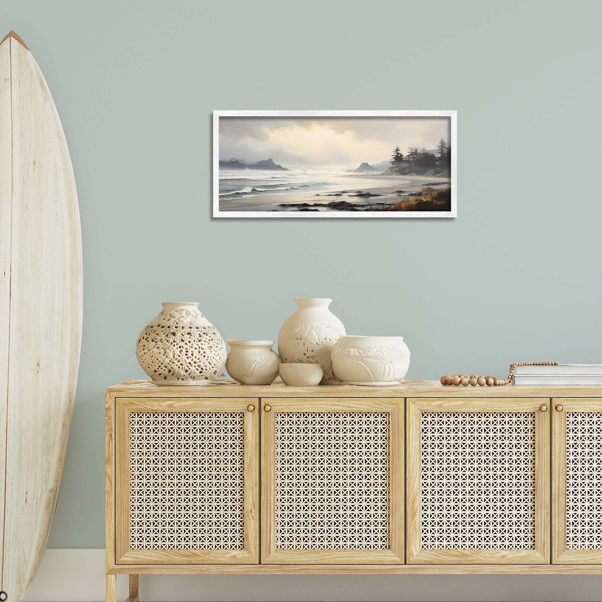 Stupell Industries Coastal Shore Inlet Coastal Painting White Framed Art Print Wall Art, 30 x 13