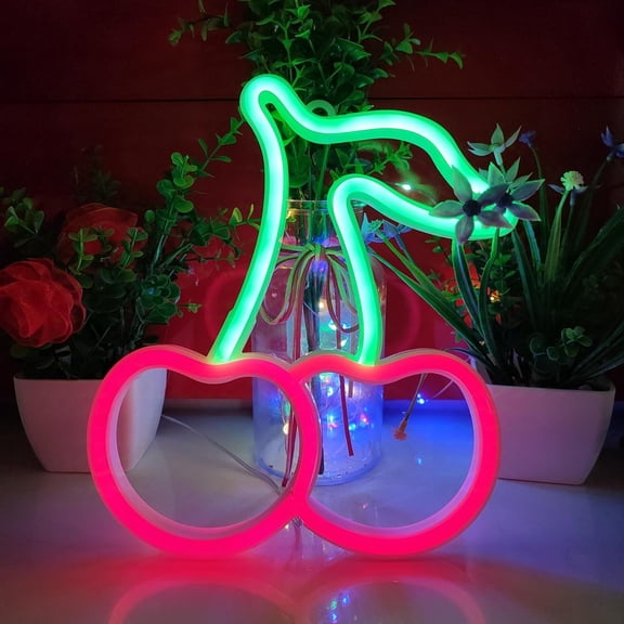 Cherry Neon Sign,USB or 3- Neon Light,LED Table Decoration,Bedroom Wall Decoration,Birthday ,Wedding Supplies Business (Green Red)