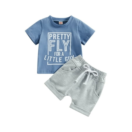 

Douhoow Toddler Boy Letter Print Short Sleeve Crewneck T-Shirt Solid Color Shorts 2Pcs Outfits