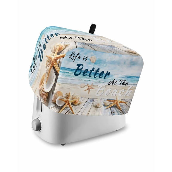 Fsddascl Summer Coastal Beach Toaster Cover 4 Slice, Large Kitchen Appliance Covers, Ocean Wave Starfish Shell Toaster Oven Cover with Loop, Bread Machine Cover Polyester Dust Cover Protection