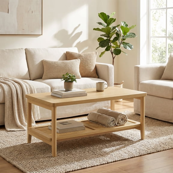 LEDREM 2-Tier Rectangular Coffee Table with Rattan Storage Shelf, Boho Style Living Room Table, Rounded Corners, 39.4" W, Oak Beige