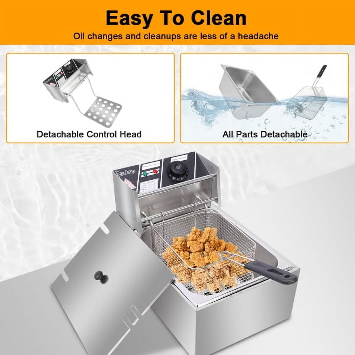 6L Commercial Deep Fryer, 2500W Electric Tabletop Fryer with Basket, Fast Heating Restaurant Fryer for Home Kitchen, Food Truck, Silver