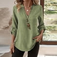thumbnail image 2 of CIENVNSTG Women's 3/4 Length Sleeve Cotton Linen Shirts Tops Button Down V Neck Lightweight Blouse Great for Vacation Work School Business Casual Settings Everyday Wear Versatile Pick Green L, 2 of 4