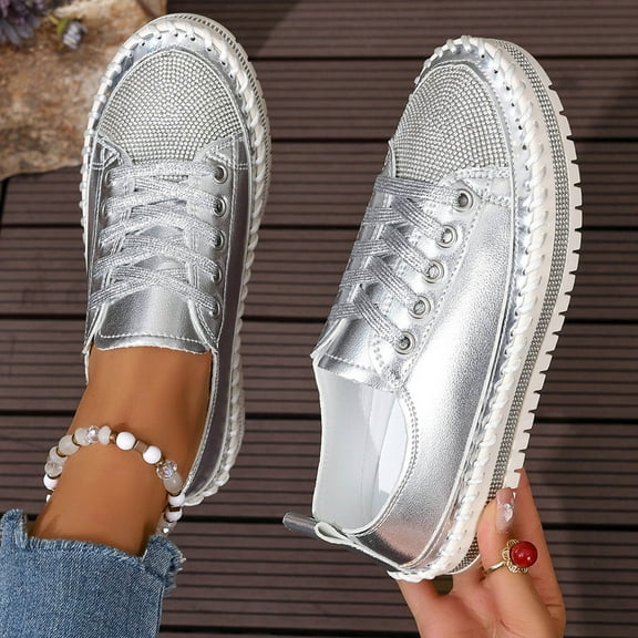 Quaouag Women's Sequins Diamonds Flat Lace Up Fashion Sneakers Comfortable Shiny Dazzling Fashion Walking Shoes