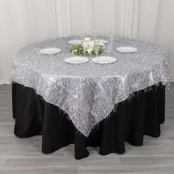 Efavormart 72" Silver Metallic Fringe Shag Tinsel Square Polyester Table Overlay