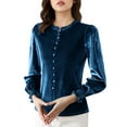 thumbnail image 4 of Lenpel Velvet Tops for Women Vintage Mock Neck Ruffle Trim Long Sleeve Shirts Dressy Casual Velour Blouses(Blue,3X-Large), 4 of 7