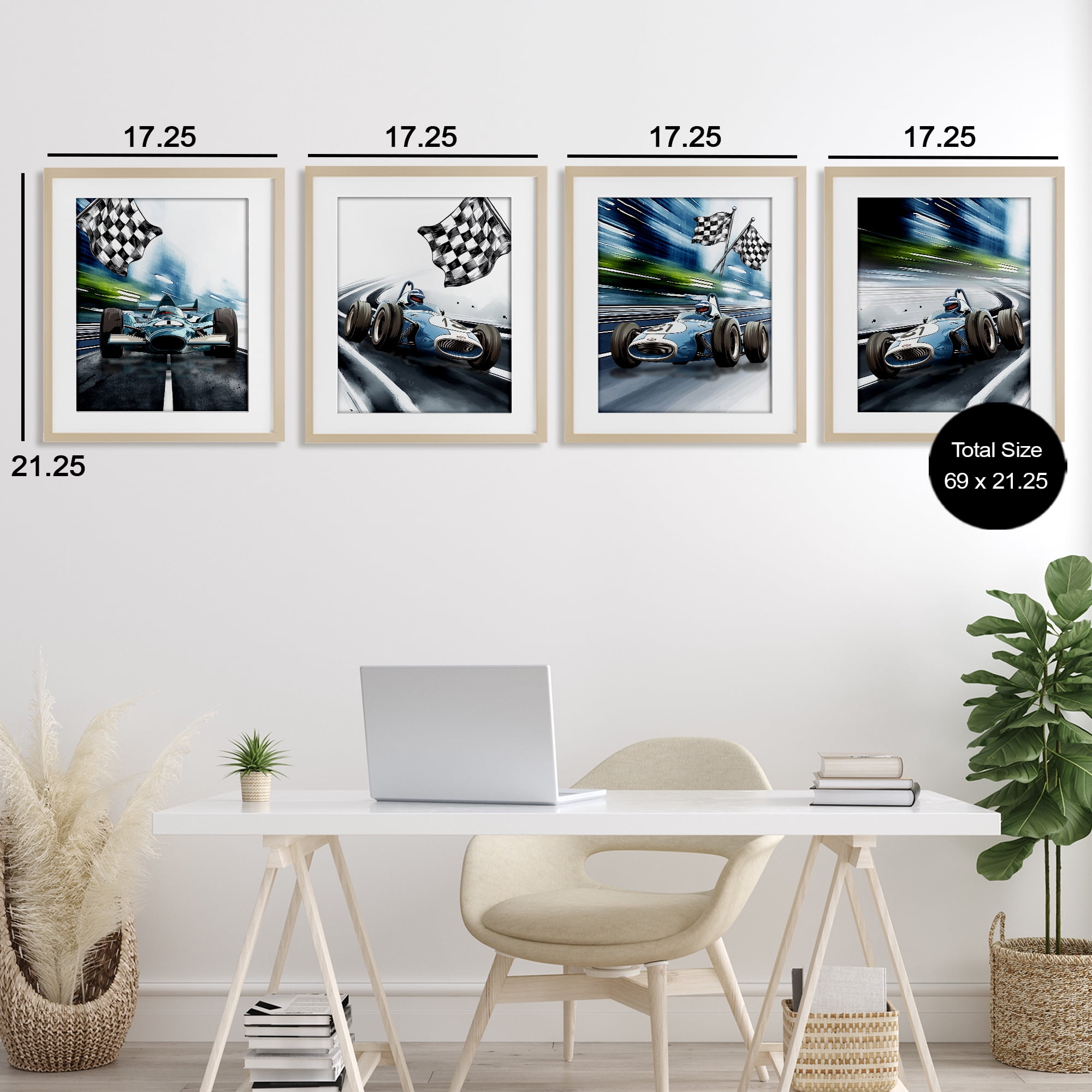 Stupell Industries Ready Set Racecars 4 Piece Birch Framed Print Under Glass Set, design by Christine Simpson Art