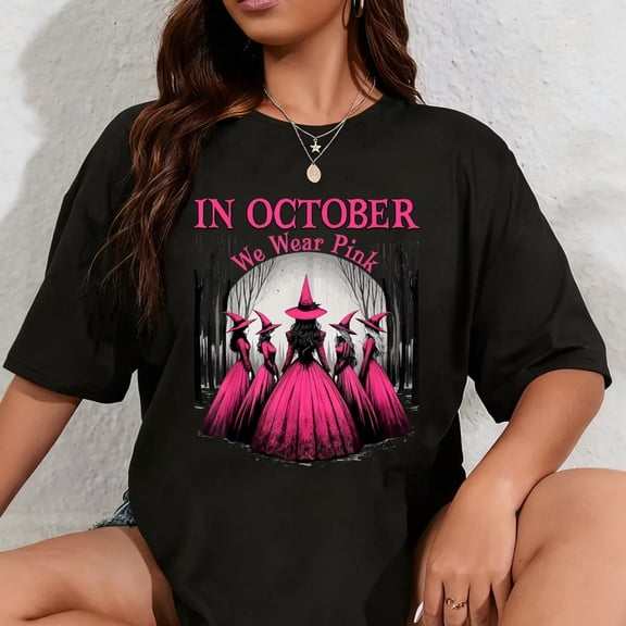 100% Cotton Retro in October We Wear Pink Witch Breast Cancer Awareness T-Shirt