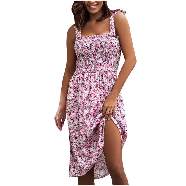 Robe Bohème pour Femmes Bretelles Nouées Imprimé Floral Robe d'Été Smockée Décontractée Ligne A Swing Plage Fête Mini Robe