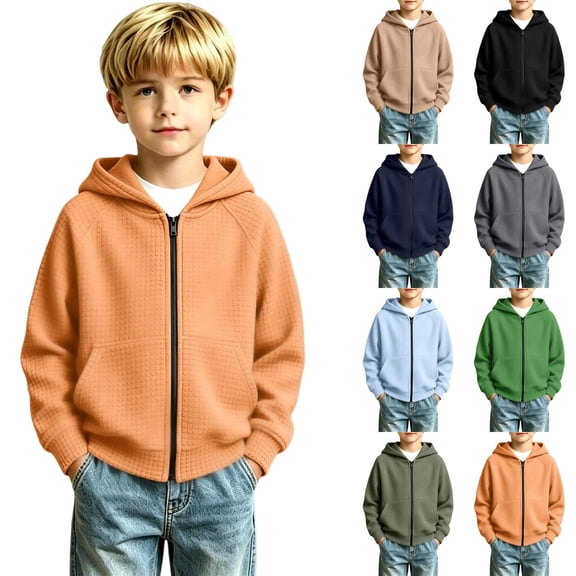 Abcomgle Kids Zip Up Hoodie Boys Waffle Knit Full-Zip Jackets for Teens Raglan Long Sleeves Boys Sweaters Trendy Fall Hooded Hoodies for Boys with Pockets