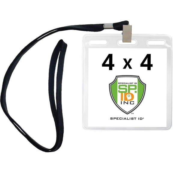 10 Pack - 4x4 Badge Holder with Lanyard - Premium 4x4 Lanyard with Bulldog Clip & ID Holder in One - Horizontal Plastic Vinyl Name Tag Protector Sleeves for 4X3 or 3x4 Badges by Specialist ID (Black)