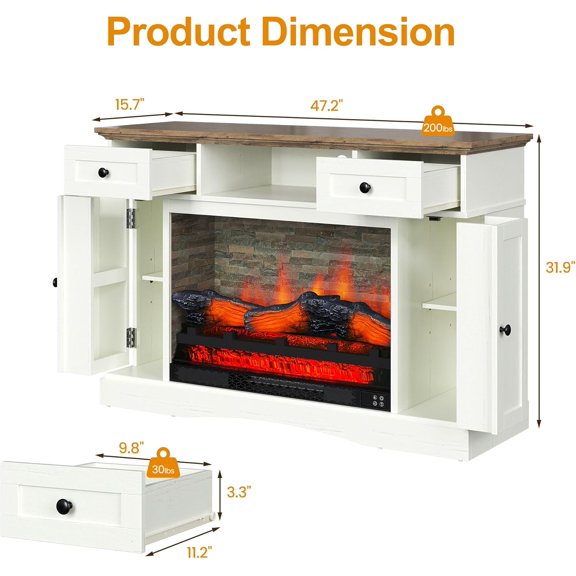 Fireplace TV Stand with Adjustable Shelves, 55" TV Support, White and Rustic Oak