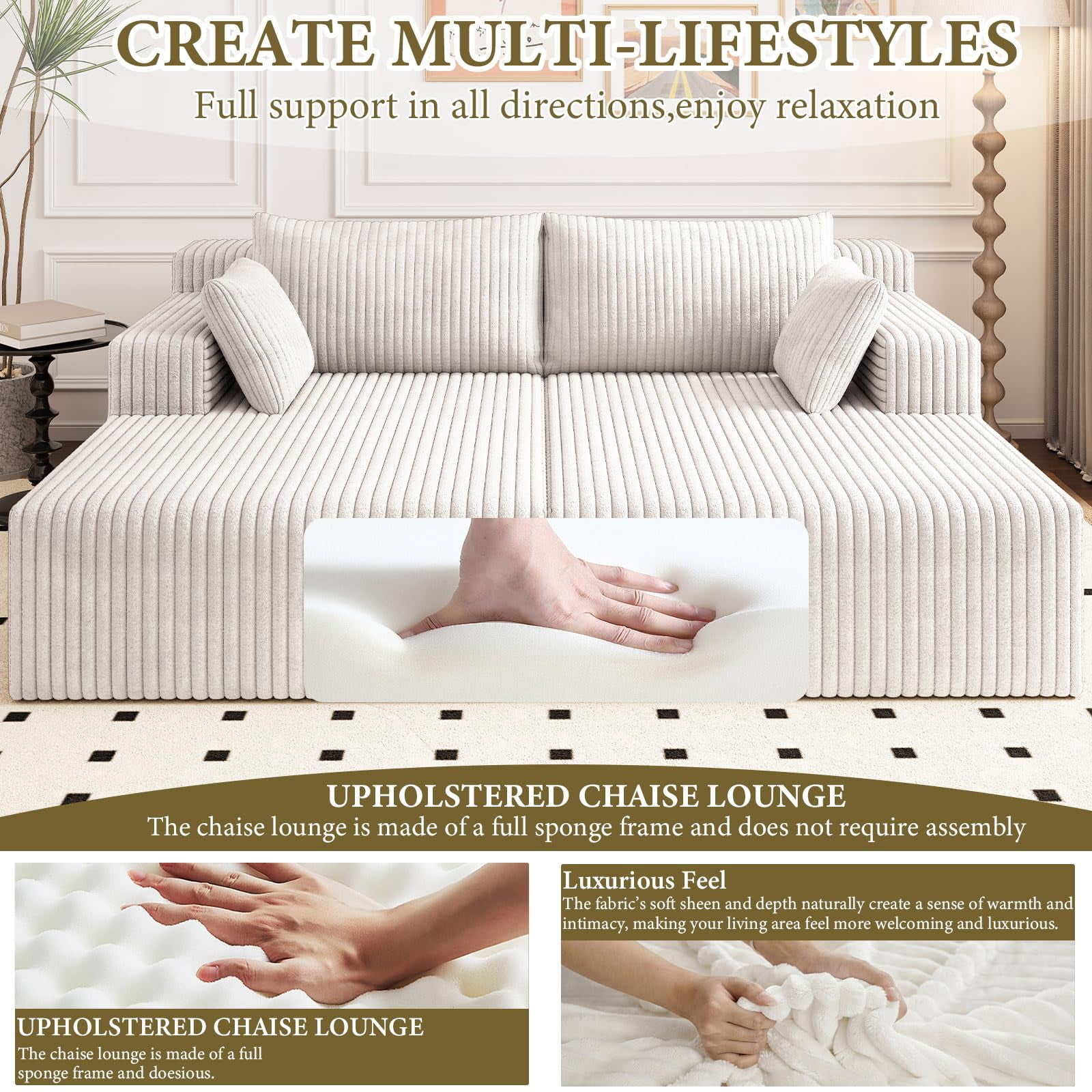 Aukfa 71" Oversized Double Chaise Lounge Indoor, Modular Boneless Cloud Couch Sleeper Loveseat, Deep Seat Corduroy Sofa Bed, No Assembly Required for Living Room Bedroom, Antique White