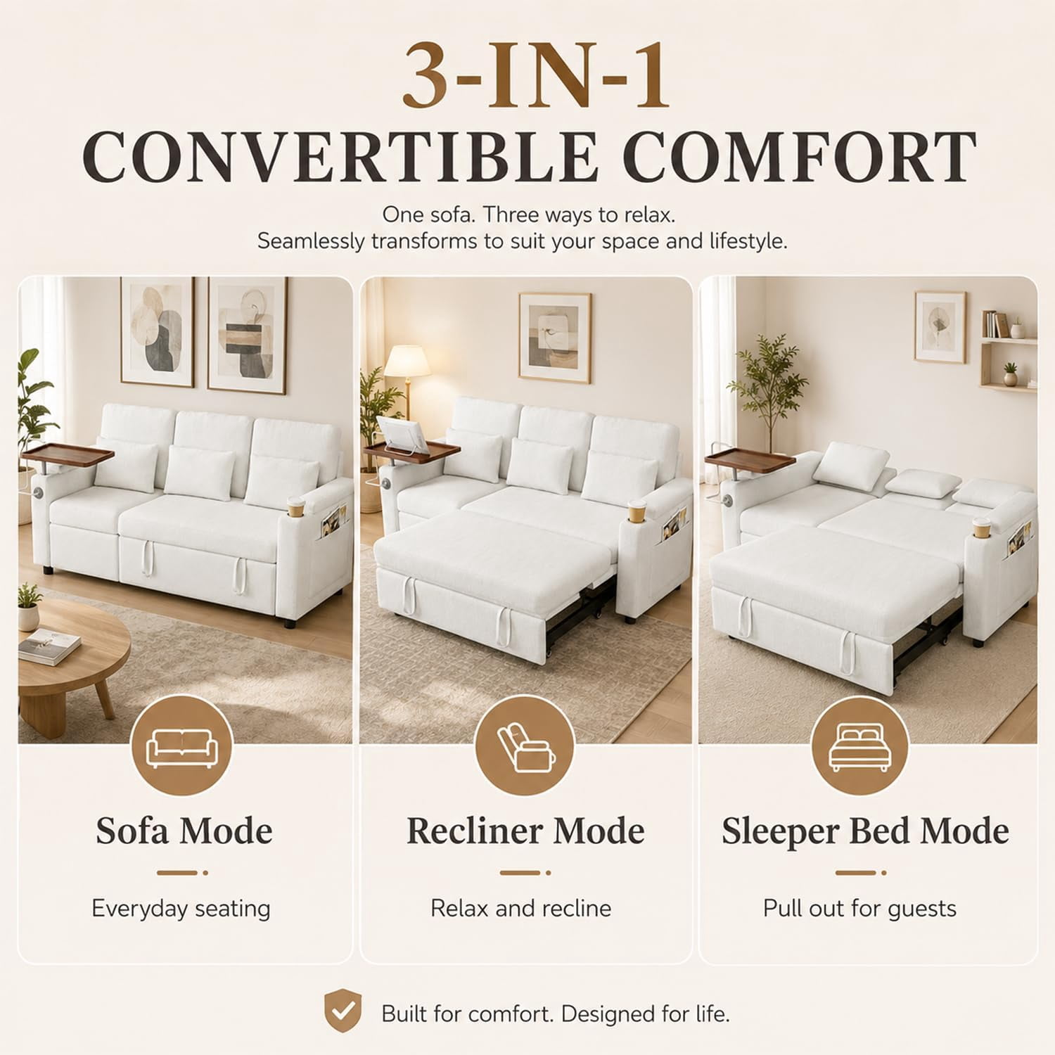 TiramisuBest 81" 3-in-1 Convertible Sleeper Sofa Bed with Power Recliner,Chenille Sofa Couch with Tray Table & USB for Living Room,Off White