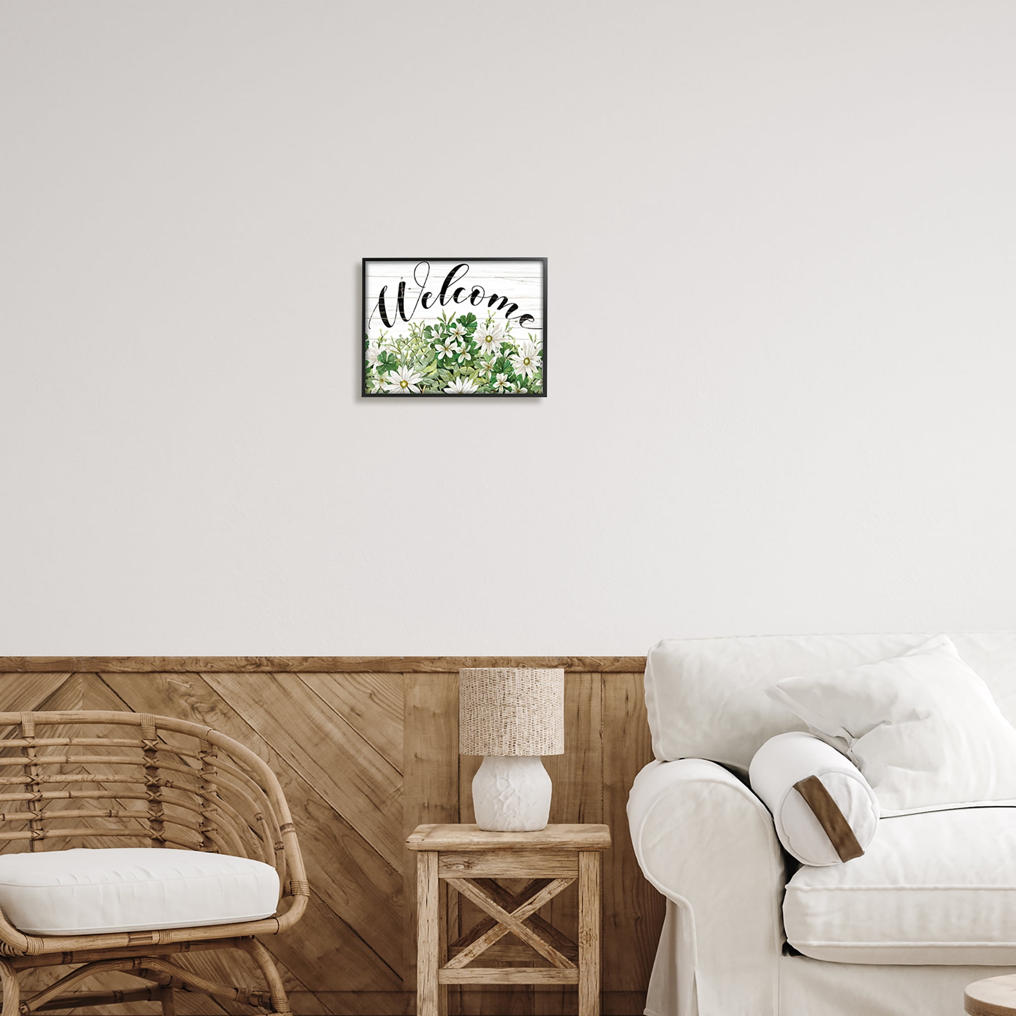 Stupell Industries Welcome Rustic Planked Sign White Flower Blossoms Graphic Art Black Framed Art Print Wall Art, Design by Cindy Jacobs