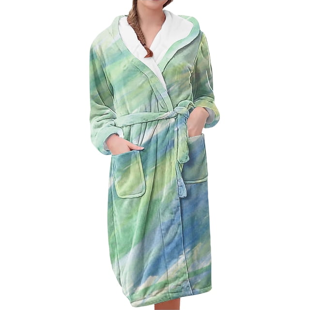 Jindong Robes en Peluche pour Femmes Robe de Nuit Décontractée et Confortable en Flanelle à Manches Longues Imprimée Colorée pour Femmes