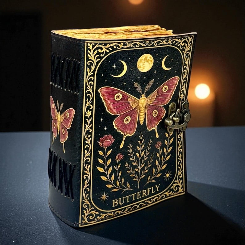 Handmade Leather Butterfly Journal, 5x7” Vintage Notebook with 200 Handmade Pages & Antique Clasp – Boho Writing Diary & Gift