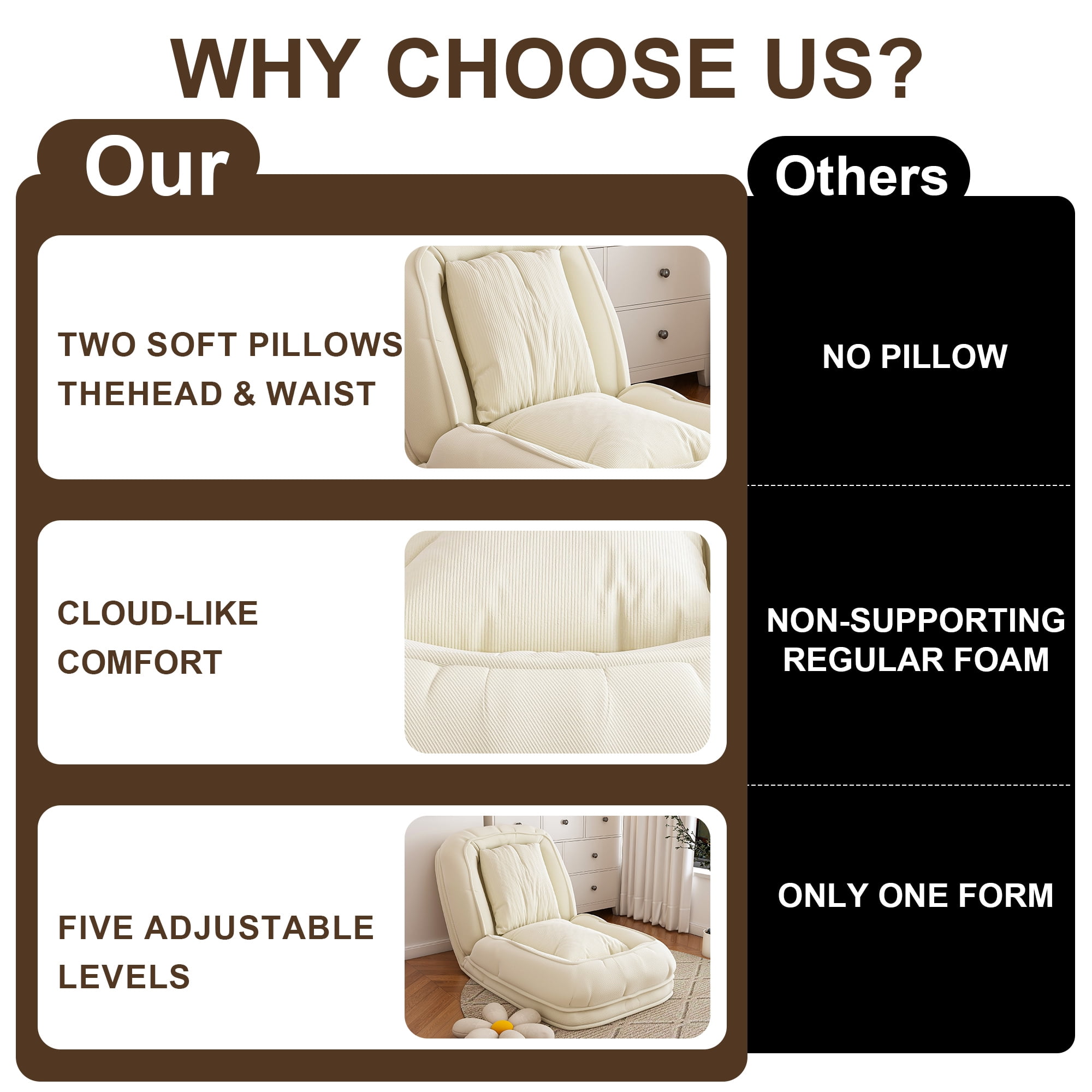 Jopath Foldable Lazy Sofa Bed with 2 Soft Pillows,Human Dog Bed with 5 Adjustable Position for Bedroom Living Room Reading Corner(Off White)