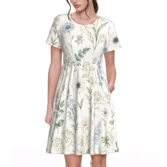 Blue Wildflower Dresses Short Sleeve Nightdresses for Women