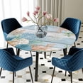 thumbnail image 5 of Elastic Fitted Round Tablecloth, Blue Beach Coastal Waterproof Stretch Table Cover for 55"-60" Tables, Summer Nautical Coral Shell Botanical Vintage Washable Outdoor Tablecloths for Patio, Picnic, 5 of 9