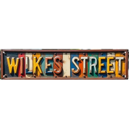 Metal Historic Street Sign Decor Colorful Letter Patch Style 16 x 4 Inches Wilkes Street Wall Plaque for Living Room