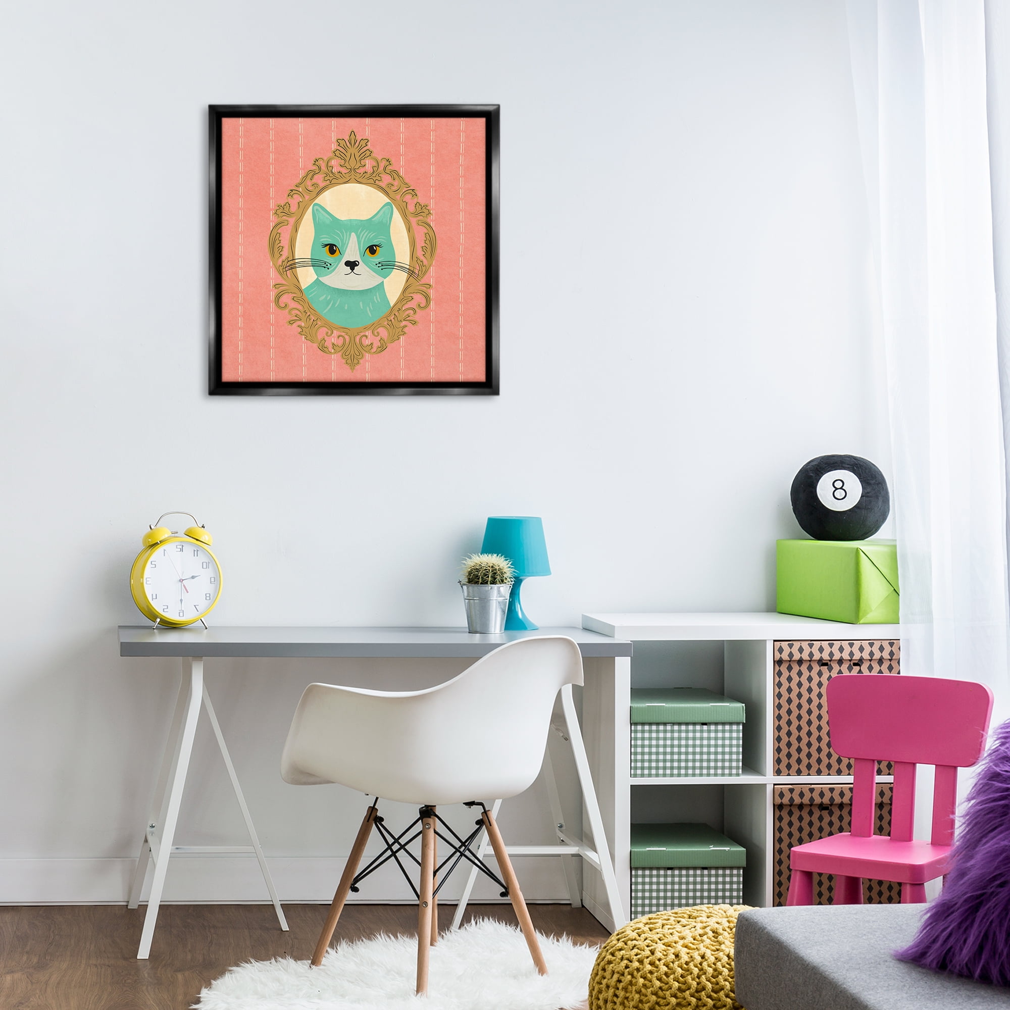 Stupell Industries Green Cat Portrait Animals Painting Black Floater Framed Canvas Art Print Wall Art, 25 x 25