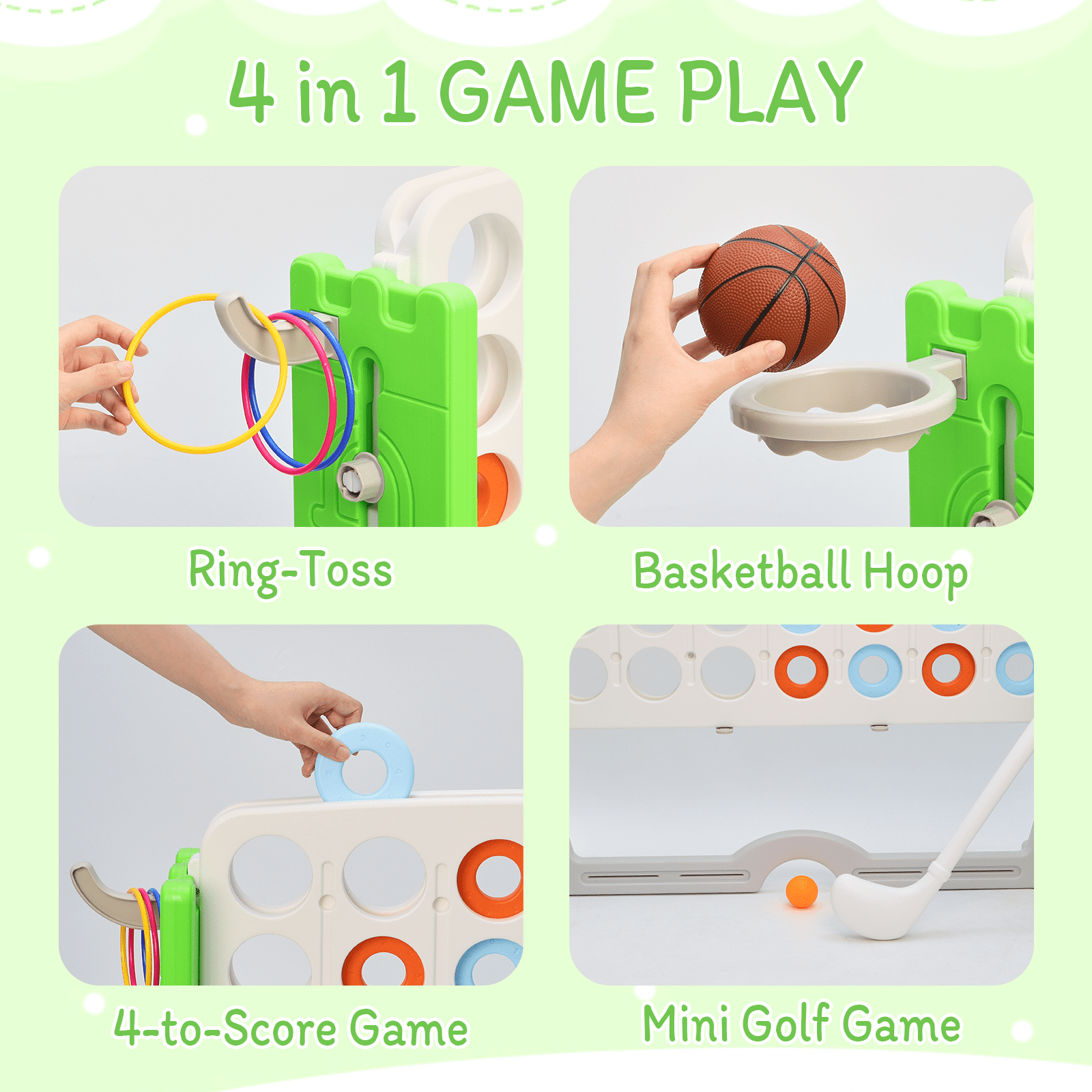 Jumbo 4-to-Score Connect Game Set: Height-Adjustable Yard Game with Golf, Basketball Hoop, Ring Toss & Mesh Bag for Kids & Adults, White Green