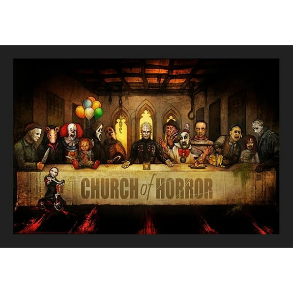 BUY ART FOR LESS Officially Licensed Church of Horror by Big Chris Movie Horror Characters Framed Art Poster - 24 x 36 Inch - Sturdy Engineered Wood Frame with Plexi Glass - Ready To Hang