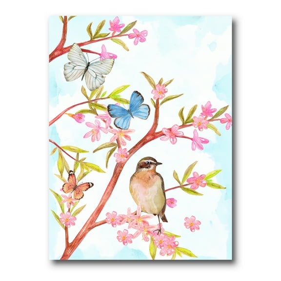 Clever Bird Sitting On Branch of A Spring Tree With Butterflies 8 in x 12 in Painting Canvas Art Print, by Designart
