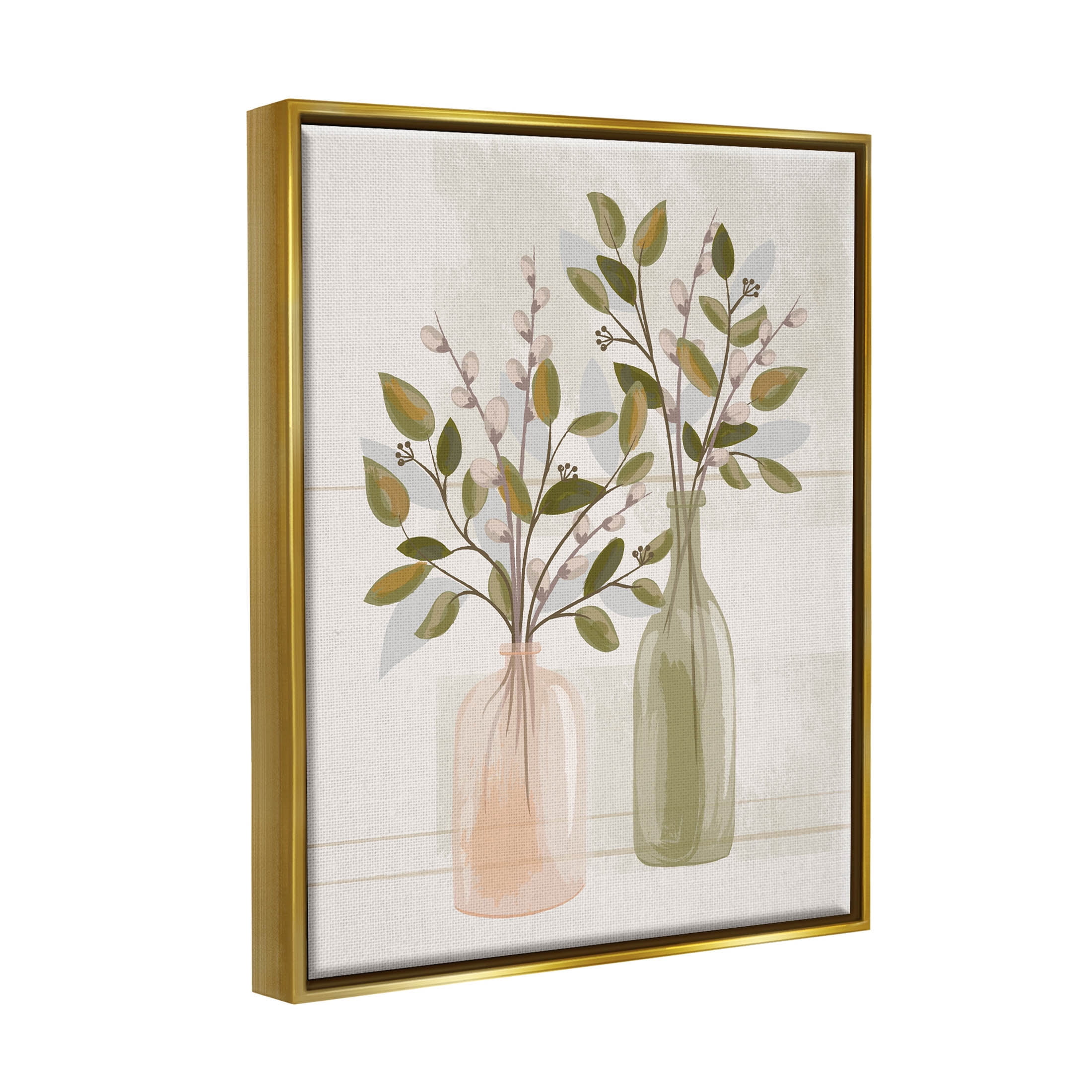 Pussy Willow Ikebana Vases Botanical & Floral Graphic Art Metallic Gold Framed Art Print Wall Art