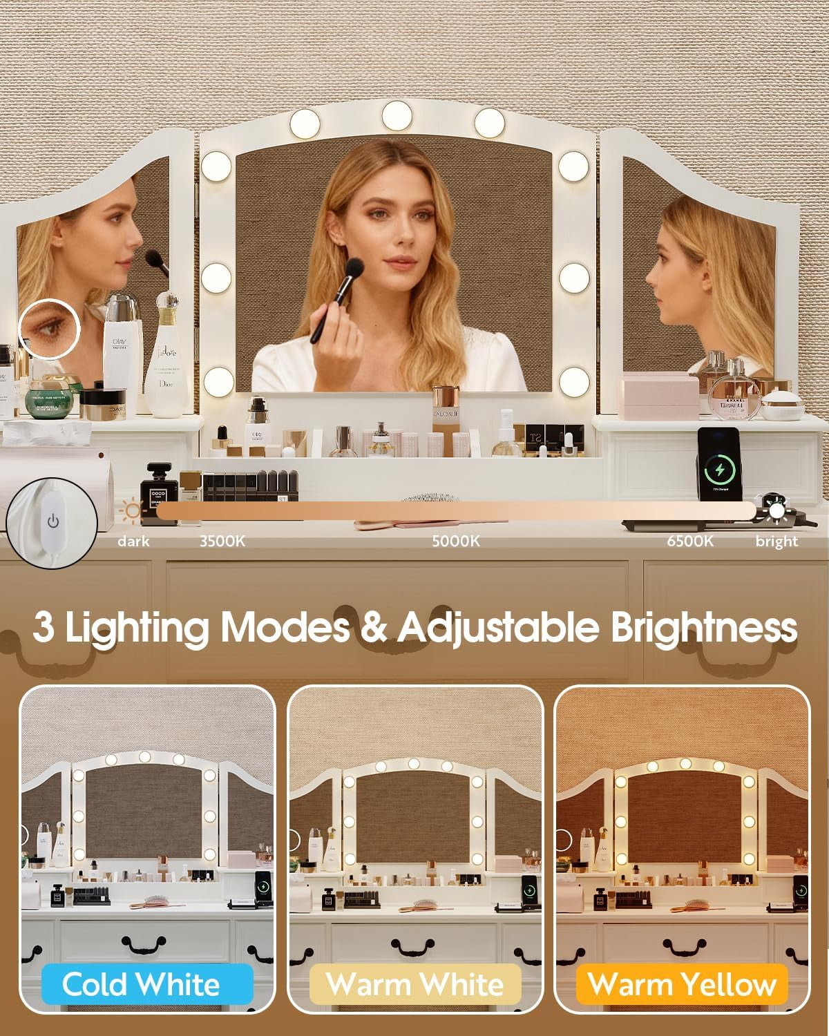 LAZZO Vanity Desk with Mirror & Lights, Makeup Vanity with Drawers, Power Outlets & Magnifying Mirror, White