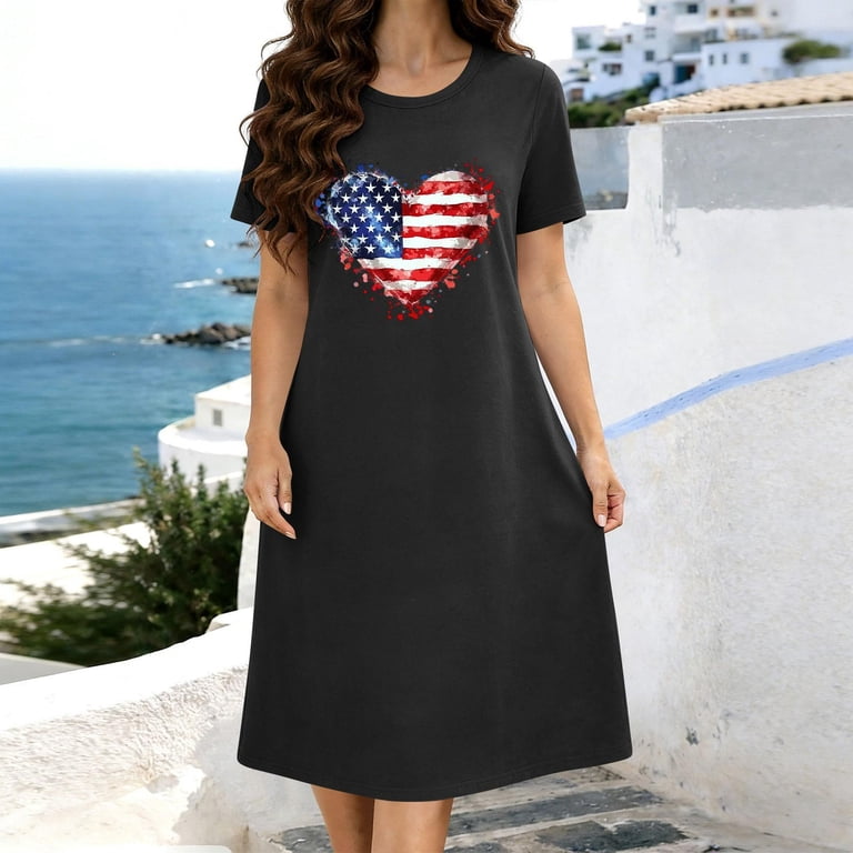 patriotic t shirt dress Jamicy Nightgown for Women 4th of July Dress for Women American Flag  Dresses USA Stars Stripes Shirt Patriotic Tshirt Summer Sleep Dress