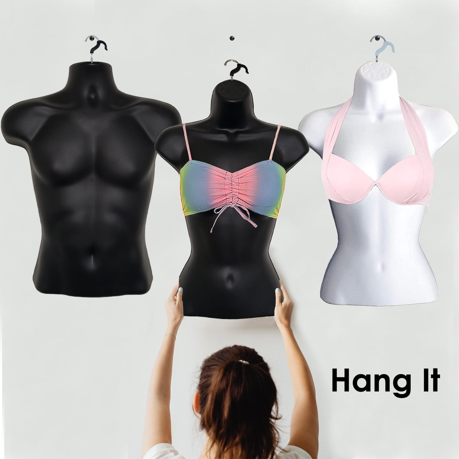 DisplayTown 2 Pack Black Male Mannequins Hollow Back Body Torso w/ Metal Stands with Metal Pole & Hanging Hook for Tshirt Display, S-M Sizes