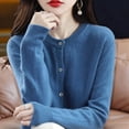 thumbnail image 4 of Women Solid Color Round Neck Long Sleeve Sweater Spring and Autumn All-Match Knitted Cardigan Jacket Haze Blue XL, 4 of 8